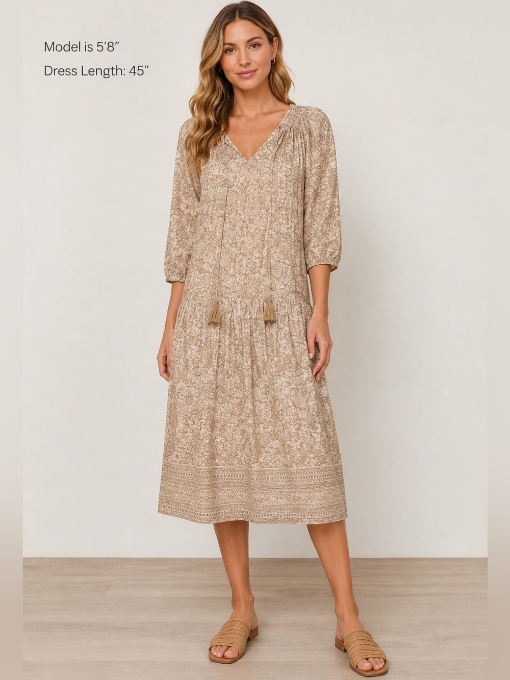 Magaschoni Linen Midi Dress Medium Beige Floral Tassel Boho Cottagecore